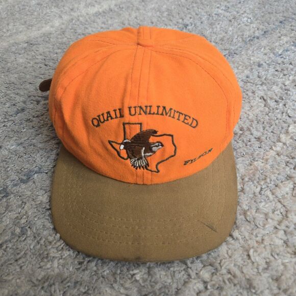 Vintage Filson Strapback Hat Hunting Orange USA Quail Unlimited Texas Leather St - Picture 1 of 8